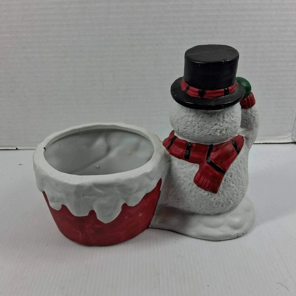 Vintage Style Ceramic Snowman Planter Christmas Holiday Candy Dish Red Bucket
